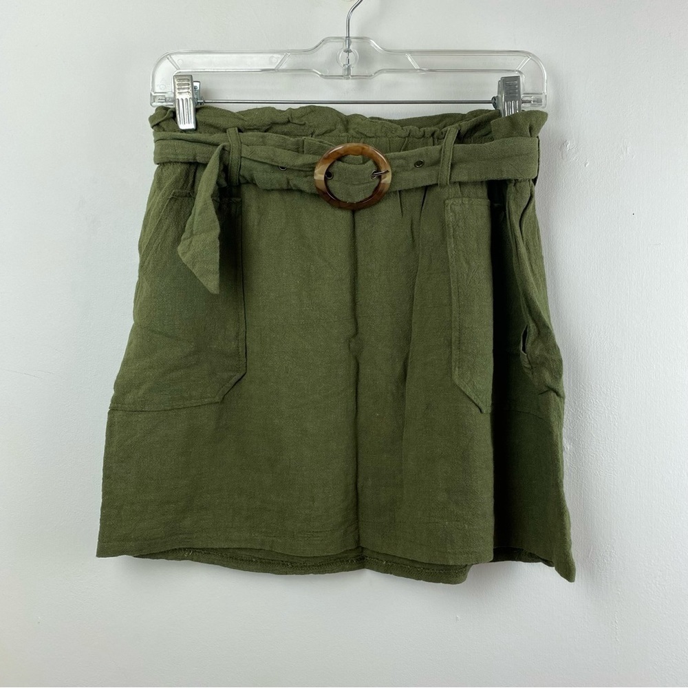 Entro Linen Paperbag Skirt Forest Green Belted Hi-Rise Size Large